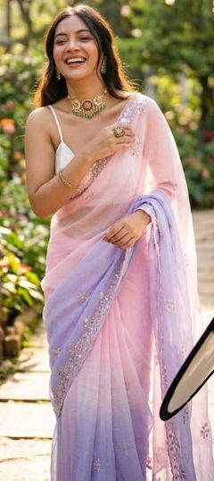Pink and Majenta, Purple and Violet color Saree in Crushed Silk fabric with Cut Dana, Moti, Sequence work
