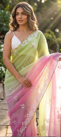 Pink and Majenta color Saree in Crushed Silk fabric with Cut Dana, Moti, Sequence work