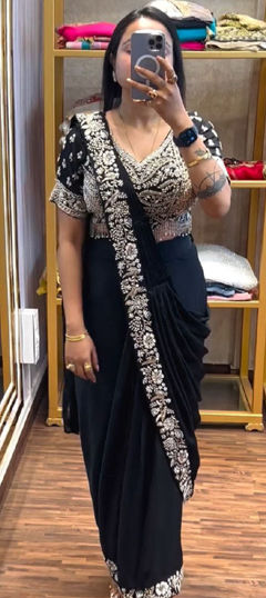 Black and Grey color Readymade Saree in Chinon Silk fabric with Border work