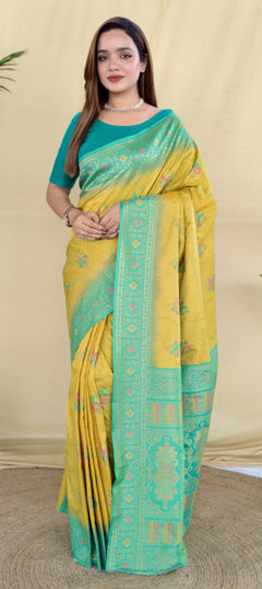 Green, Yellow color Saree in Silk fabric with Weaving work