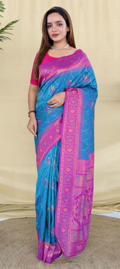 Blue, Pink and Majenta color Saree in Silk fabric with Weaving work
