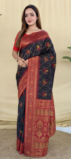 Black and Grey, Red and Maroon color Saree in Silk fabric with Weaving work