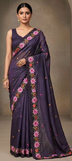 Purple and Violet color Saree in Silk fabric with Embroidered, Sequence, Thread work