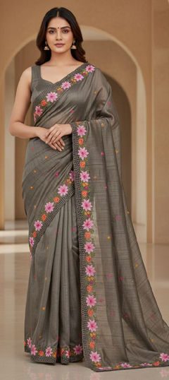 Black and Grey color Saree in Silk fabric with Embroidered, Sequence, Thread work