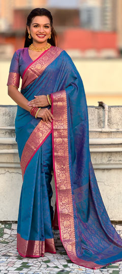 Blue color Saree in Silk fabric with Bandhej, Printed, Weaving work