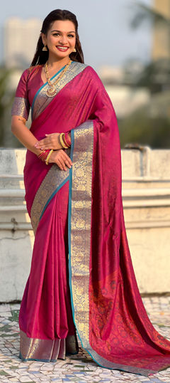 Pink and Majenta color Saree in Silk fabric with Bandhej, Printed, Weaving work