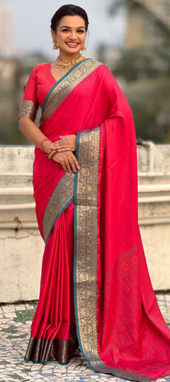 Pink and Majenta color Saree in Silk fabric with Bandhej, Printed, Weaving work