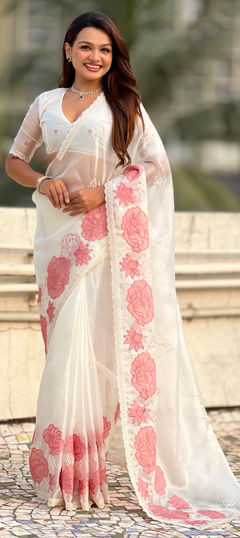 White and Off White color Saree in Silk fabric with Embroidered work