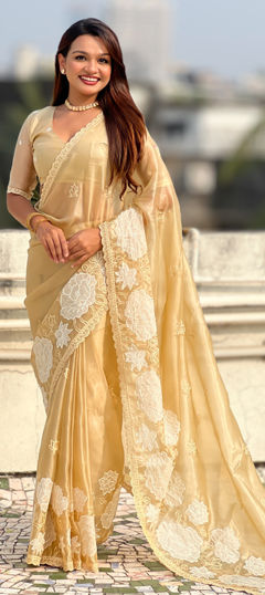 Yellow color Saree in Silk fabric with Embroidered work
