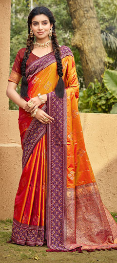 Orange color Saree in Silk fabric with Weaving work