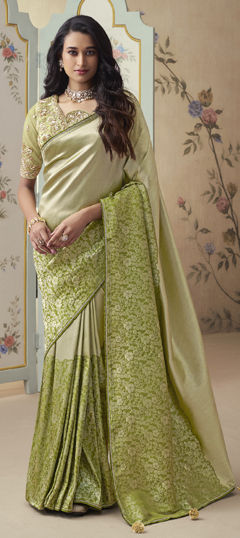 Green color Saree in Jacquard fabric with Bugle Beads, Cut Dana, Sequence, Thread work