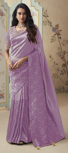 Purple and Violet color Saree in Jacquard fabric with Bugle Beads, Cut Dana, Sequence, Thread work