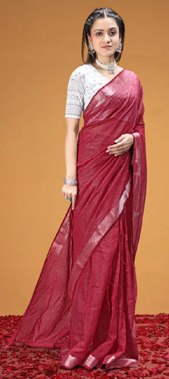 Red and Maroon color Saree in Tissue fabric with Thread work