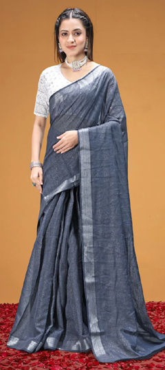 Black and Grey color Saree in Tissue fabric with Thread work