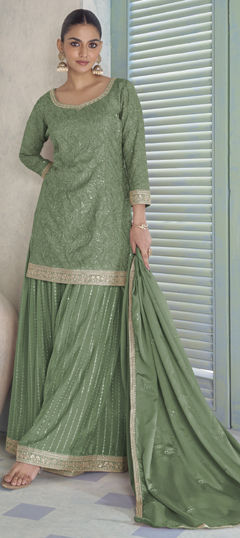 Green color Salwar Kameez in Chinon Silk fabric with Embroidered, Sequence, Zari work