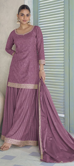 Pink and Majenta color Salwar Kameez in Chinon Silk fabric with Embroidered, Sequence, Zari work