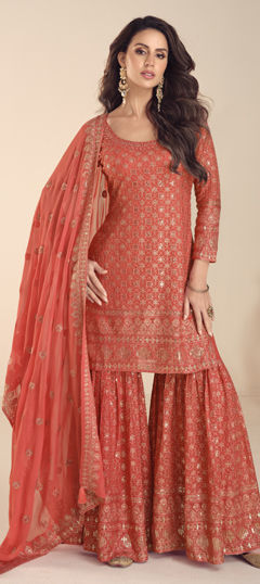 Beige and Brown color Salwar Kameez in Georgette fabric with Embroidered work
