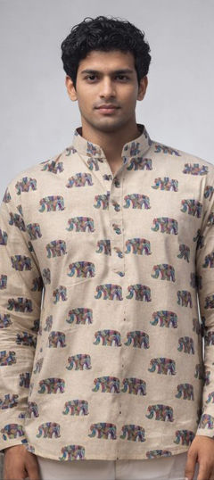 White and Off White color Kurta in Linen fabric with Printed work