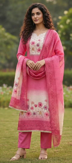 Pink and Majenta, White and Off White color Salwar Kameez in Cotton fabric with Floral, Printed work