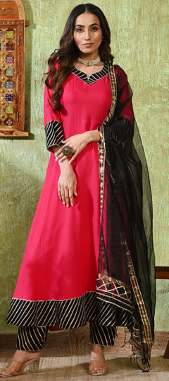 Pink and Majenta color Salwar Kameez in Rayon fabric with Gota Patti work