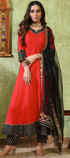 Red and Maroon color Salwar Kameez in Rayon fabric with Gota Patti work