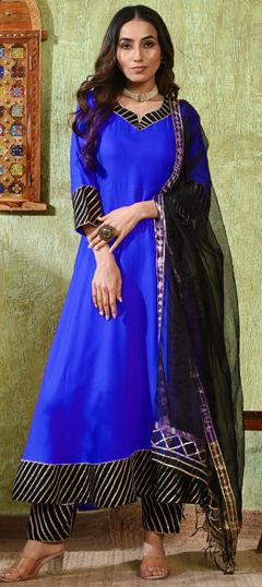 Blue color Salwar Kameez in Rayon fabric with Gota Patti work