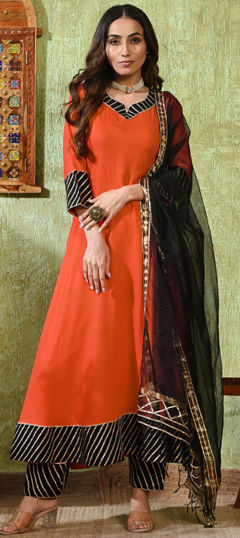 Orange color Salwar Kameez in Rayon fabric with Gota Patti work