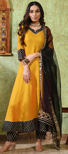 Yellow color Salwar Kameez in Rayon fabric with Gota Patti work
