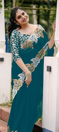 Blue color Saree in Chiffon, Satin fabric with Embroidered work