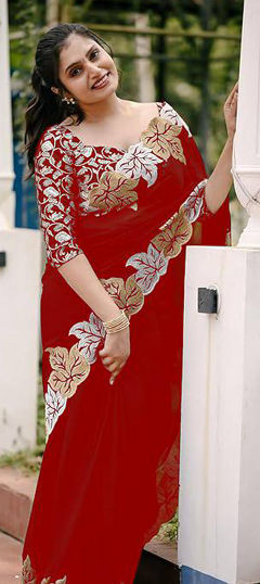 Red and Maroon color Saree in Chiffon, Satin fabric with Embroidered work