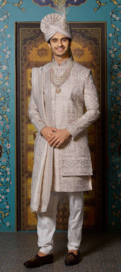 White and Off White color Sherwani in Art Silk fabric with Bugle Beads, Embroidered, Sequence work