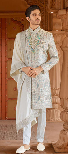 White and Off White color Sherwani in Art Silk fabric with Bugle Beads, Embroidered, Sequence work