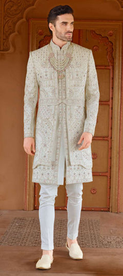 White and Off White color IndoWestern Dress in Art Silk fabric with Embroidered, Sequence work