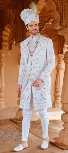White and Off White color IndoWestern Dress in Art Silk fabric with Embroidered, Sequence work