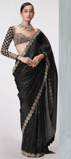 Black and Grey color Saree in Faux Georgette fabric with Mirror work