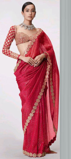 Red and Maroon color Saree in Faux Georgette fabric with Mirror work