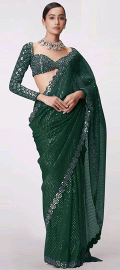 Green color Saree in Faux Georgette fabric with Mirror work