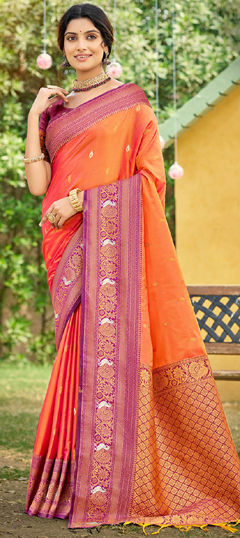 Orange color Saree in Silk fabric with Weaving work