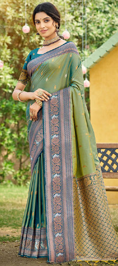 Green color Saree in Silk fabric with Weaving work