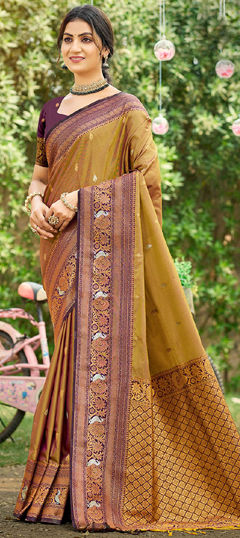 Beige and Brown color Saree in Silk fabric with Weaving work