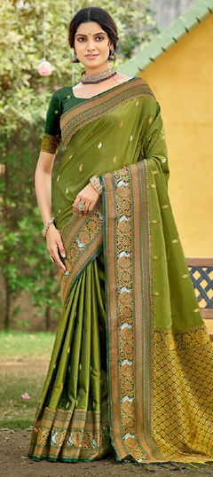 Green color Saree in Silk fabric with Weaving work
