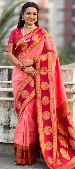 Pink and Majenta, Red and Maroon color Saree in Silk fabric with Weaving work