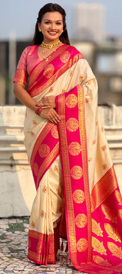 White and Off White color Saree in Silk fabric with Weaving work