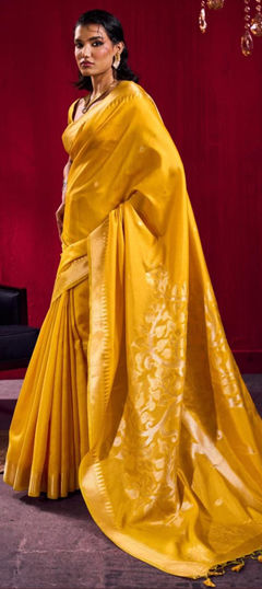 Yellow color Saree in Linen fabric with Weaving work