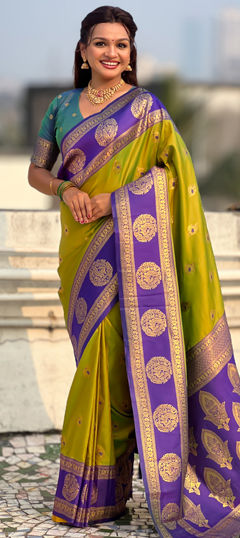 Green color Saree in Silk fabric with Weaving work
