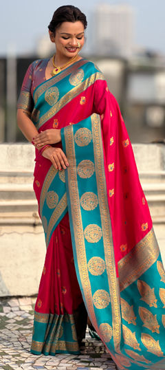 Pink and Majenta color Saree in Silk fabric with Weaving work