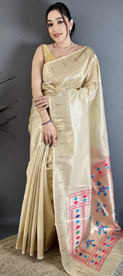 Beige and Brown color Saree in Tissue fabric with Weaving work