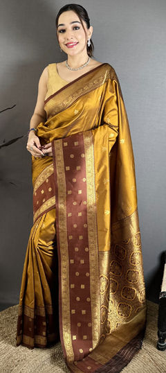 Beige and Brown, Yellow color Saree in Banarasi Silk fabric with Weaving work
