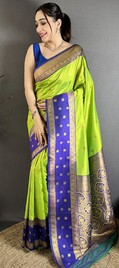 Blue, Green color Saree in Banarasi Silk fabric with Weaving work