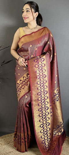 Red and Maroon color Saree in Banarasi Silk fabric with Weaving work